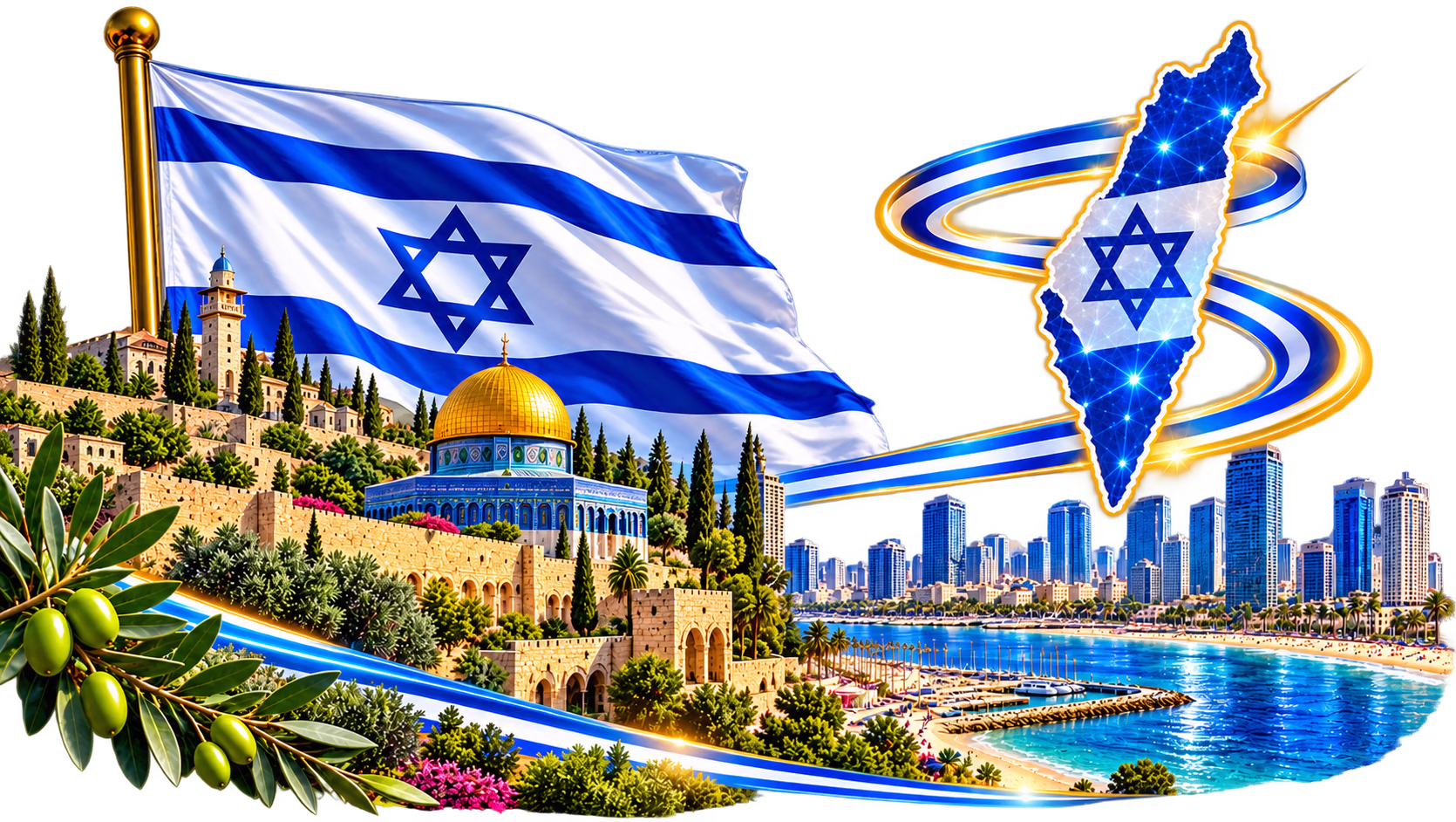 Tokenization of Israel – Israeli flag, digital map, Jerusalem, technology and modern infrastructure